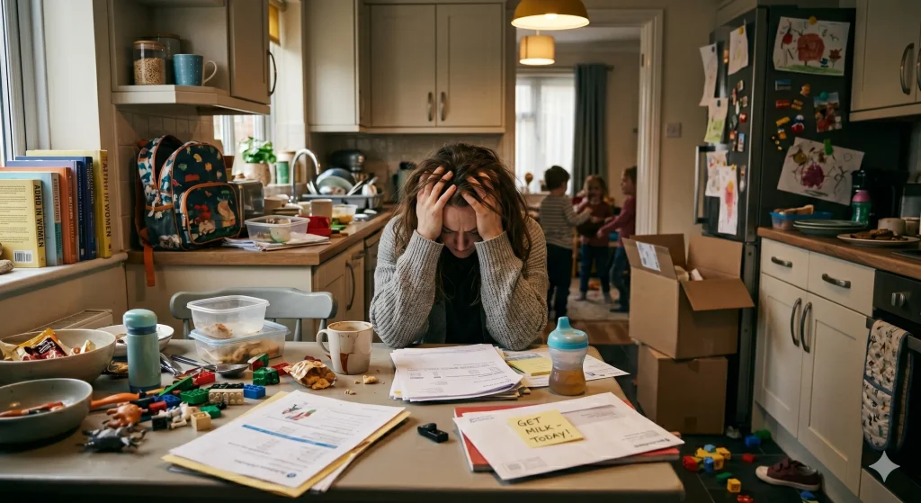 Exhausted mom sitting at kitchen table with head in hands, surrounded by household chaos — representing ADHD rage and emotional dysregulation in motherhood