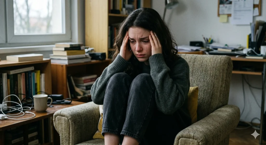 Woman sitting alone looking overwhelmed, representing ADHD rejection sensitivity and emotional pain