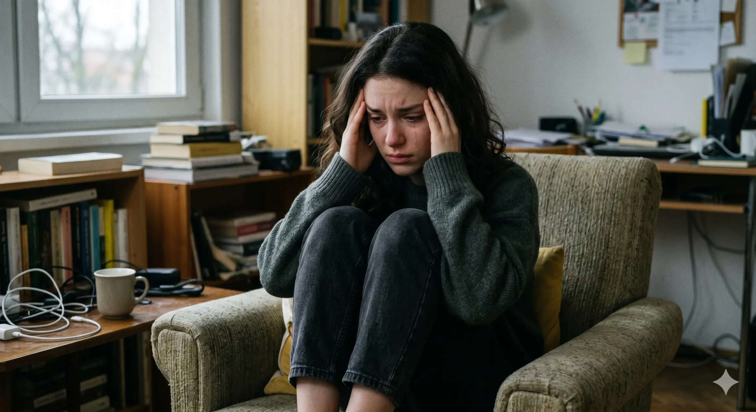 Woman sitting alone looking overwhelmed, representing ADHD rejection sensitivity and emotional pain