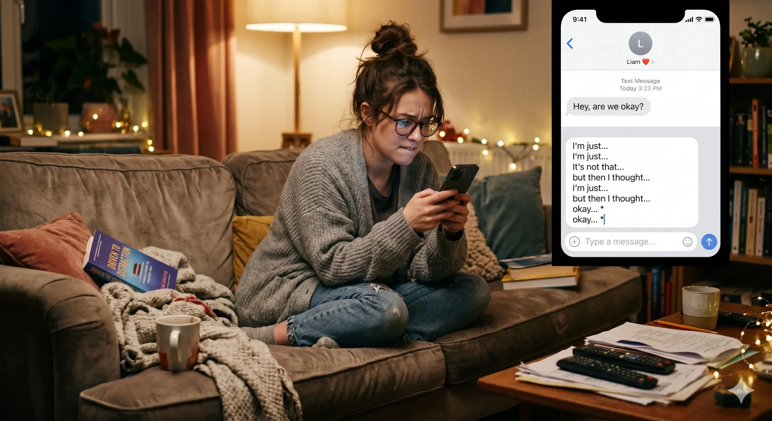 Woman with ADHD sitting on couch looking at her phone overthinking a text message from her partner
