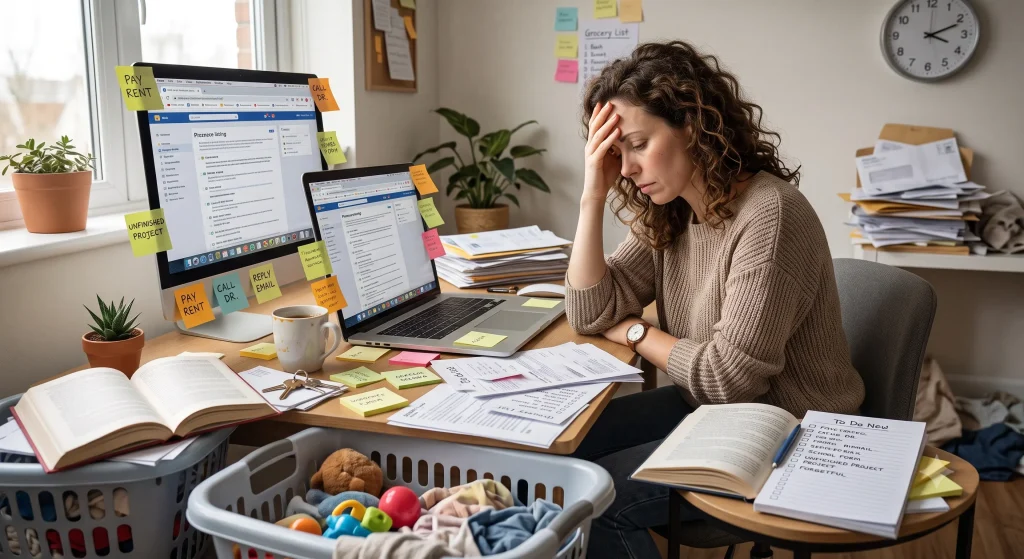 woman experiencing adult ADHD symptoms at home