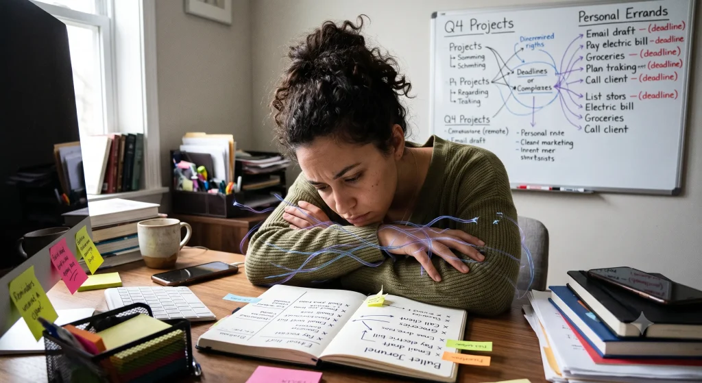 Illustration of feeling stuck and overwhelmed by a busy to-do list and bullet journal despite having a planned schedule.