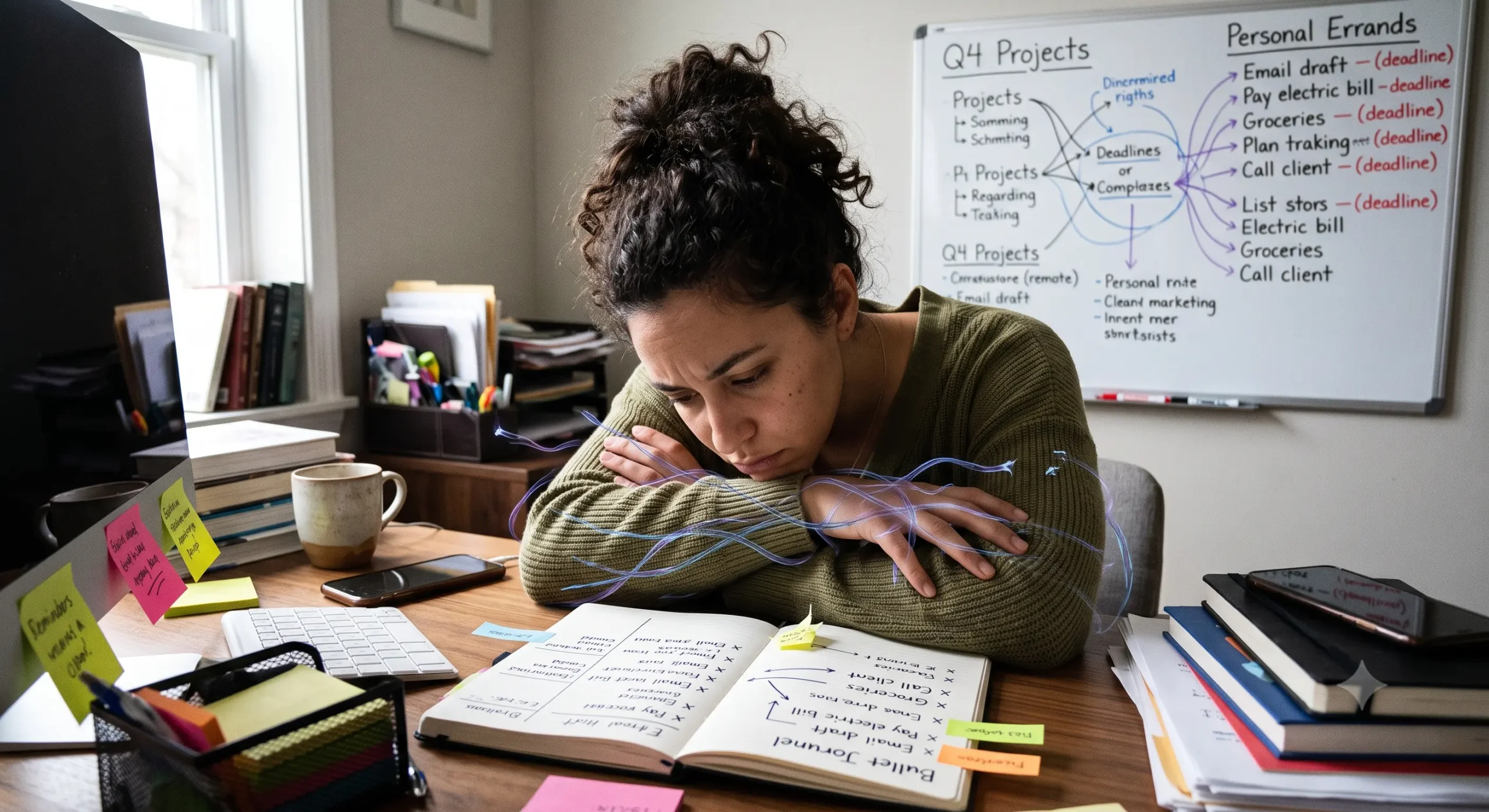 Illustration of feeling stuck and overwhelmed by a busy to-do list and bullet journal despite having a planned schedule.