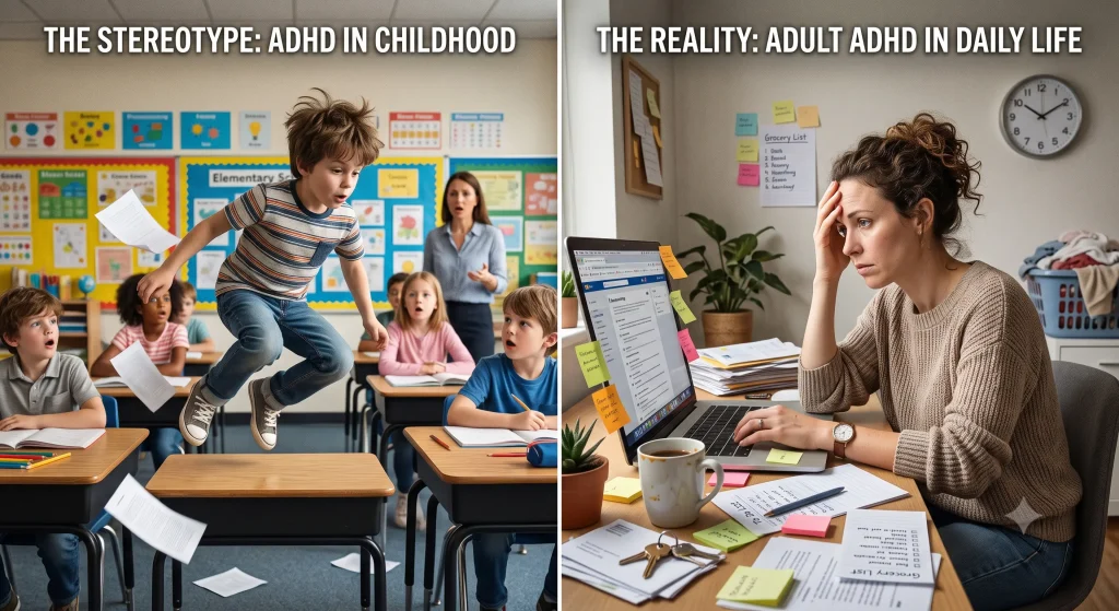 A split-panel illustration comparing the stereotype of childhood ADHD—a hyperactive boy jumping on a classroom desk—with the reality of adult ADHD, showing an overwhelmed woman sitting at a cluttered desk with sticky notes and unfinished tasks.
