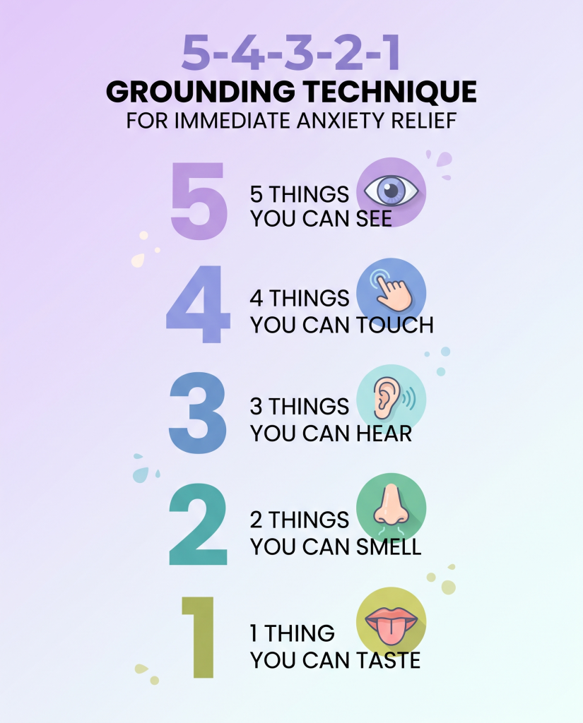 5-4-3-2-1 grounding technique infographic for immediate anxiety relief