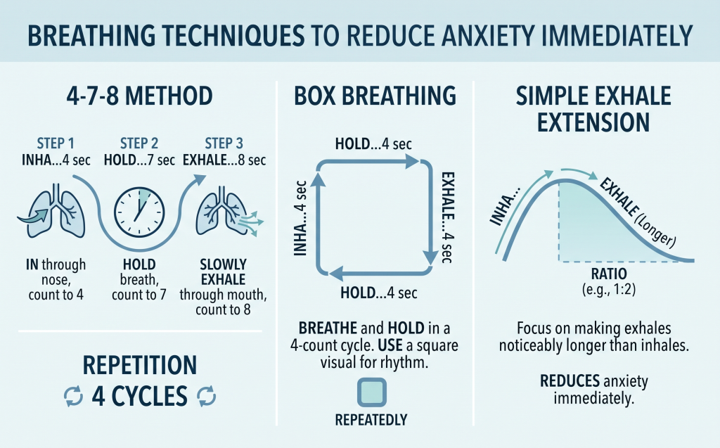 Diagram showing 4-7-8 breathing technique to reduce anxiety immediately
