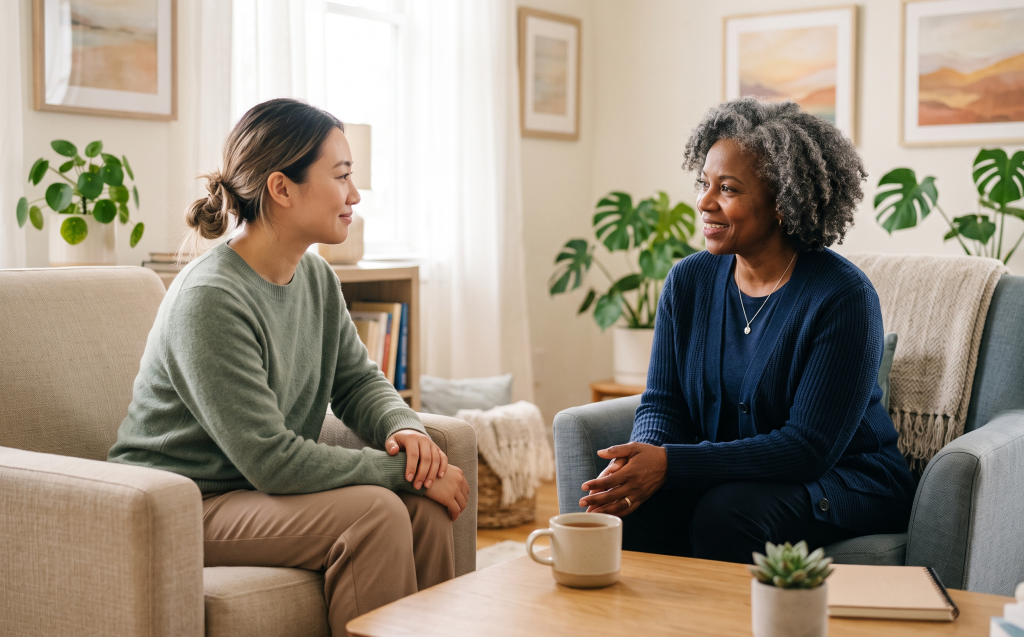 Person speaking with a therapist about anxiety — seeking professional support